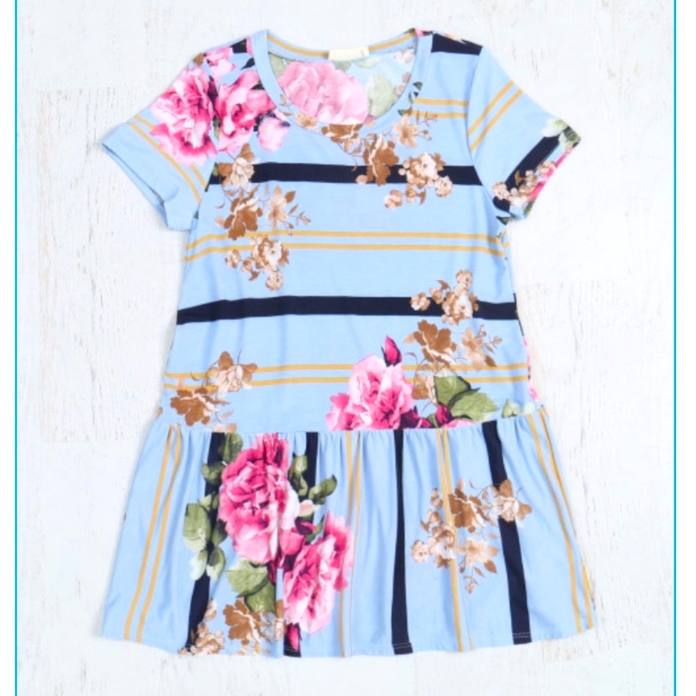 BLUE FLORAL + stripe PRINT ROUND peplum tunic top, CUTE! New